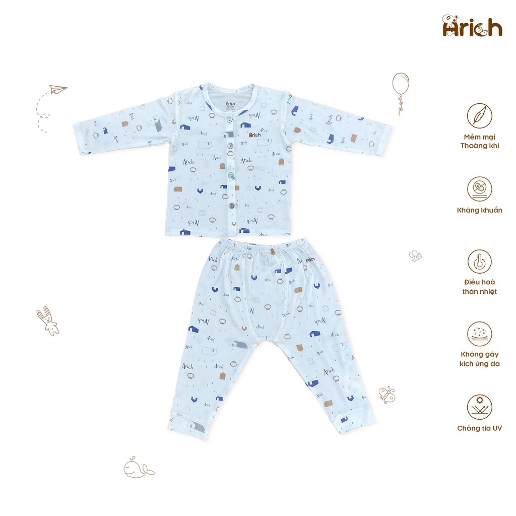 Bộ dài tay cài thẳng 2022 chất liệu vải sợi tre Arich cho bé trai bé gái sơ sinh đến 18 tháng