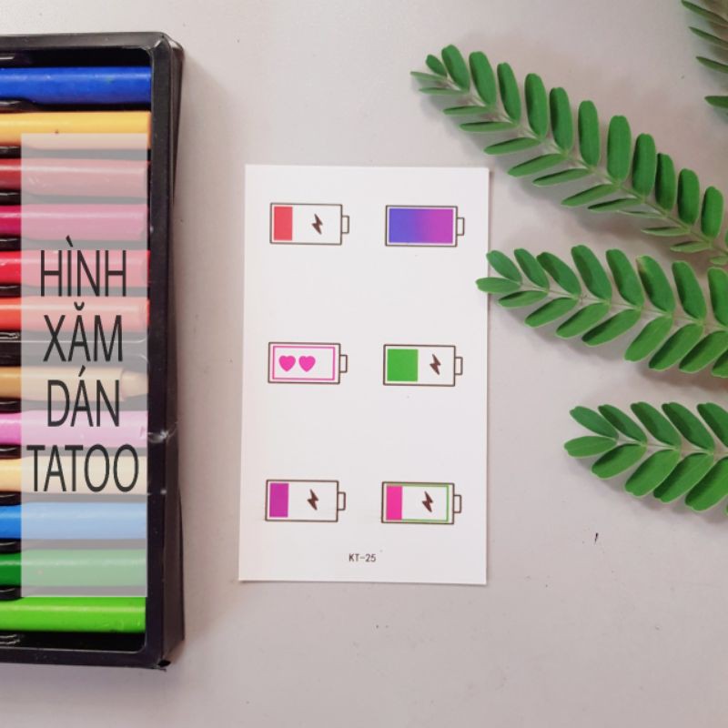 Hình xăm nhí trạng thái pin kt25. Xăm dán tatoo mini tạm thời, size &lt;10x6cm