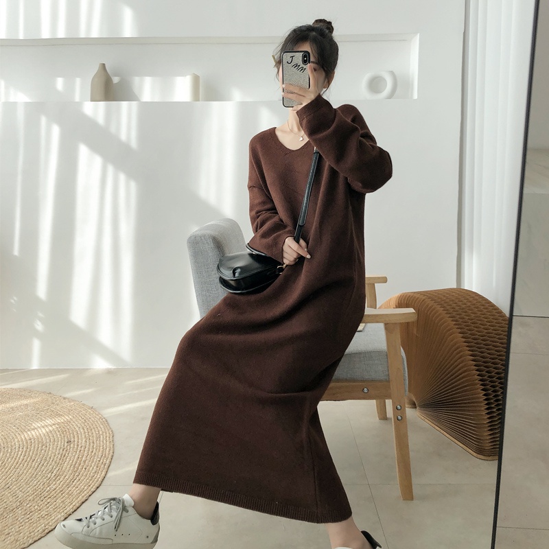 Đầm len dáng suông rộng cổ chữ V thời trang thu đông mới cho nữ