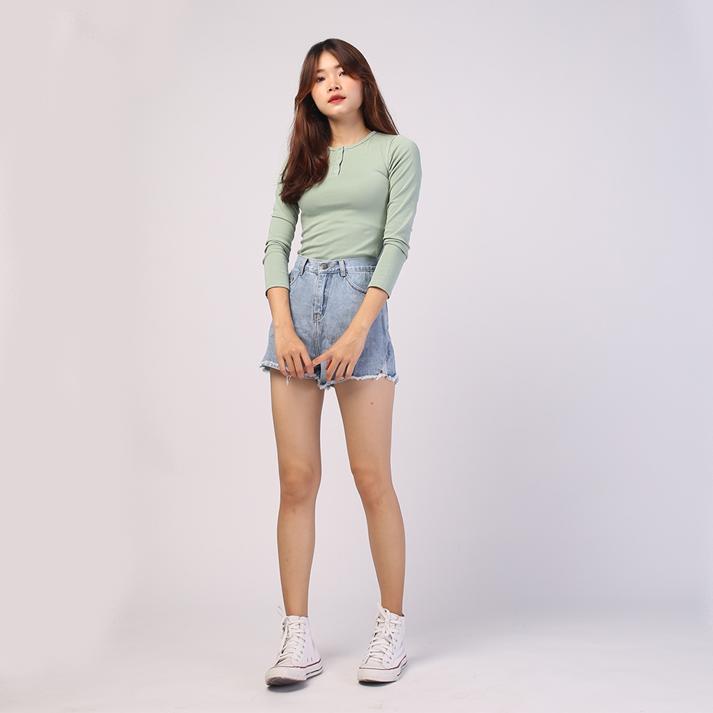 Quần short jeans nữ SAIGONJEAN đóng nút vàng tua lai QS013 – quần sọc jeans nữ ulzzang