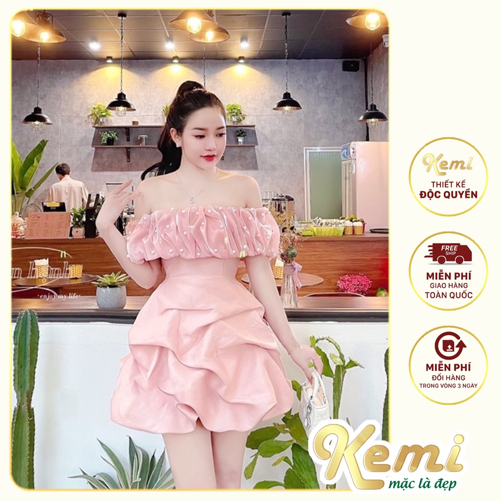 Váy tafta trễ vai bèo nhún đính ngọc châu đầm bồng kemi 3 màu trắng đen hồng