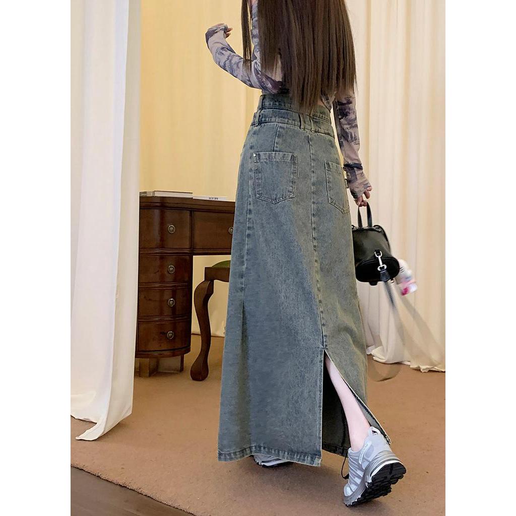 Chân Váy Denim Dài Dáng Chữ A Lưng Cao Phong Cách Retro Thời Trang Mùa Thu Hàng Mới Dành Cho Bạn Nữ 668