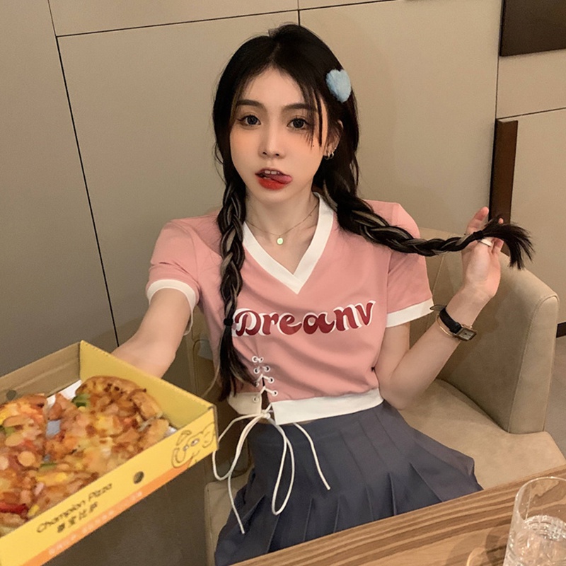 【ZHELIHANGFEI】 / Áo Thun Tay Ngắn Màu Trơn Kiểu Retro Mỹ Thời Trang Mùa Hè Cho Nữ