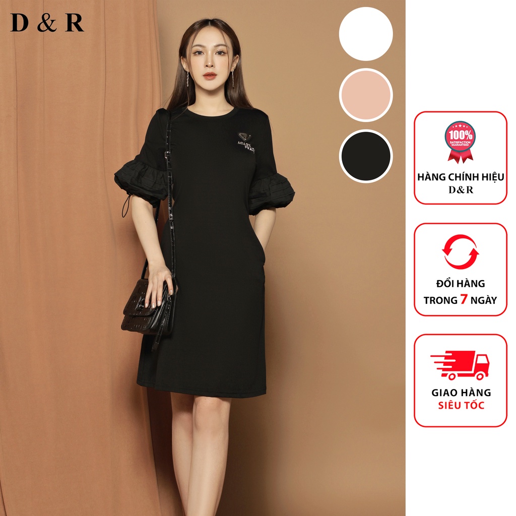 Đầm thun suông bigsize thêu chữ phối tay bồng Quảng Châu cao cấp váy đi chơi dự tiệc thương hiệu thời trang D&R D161