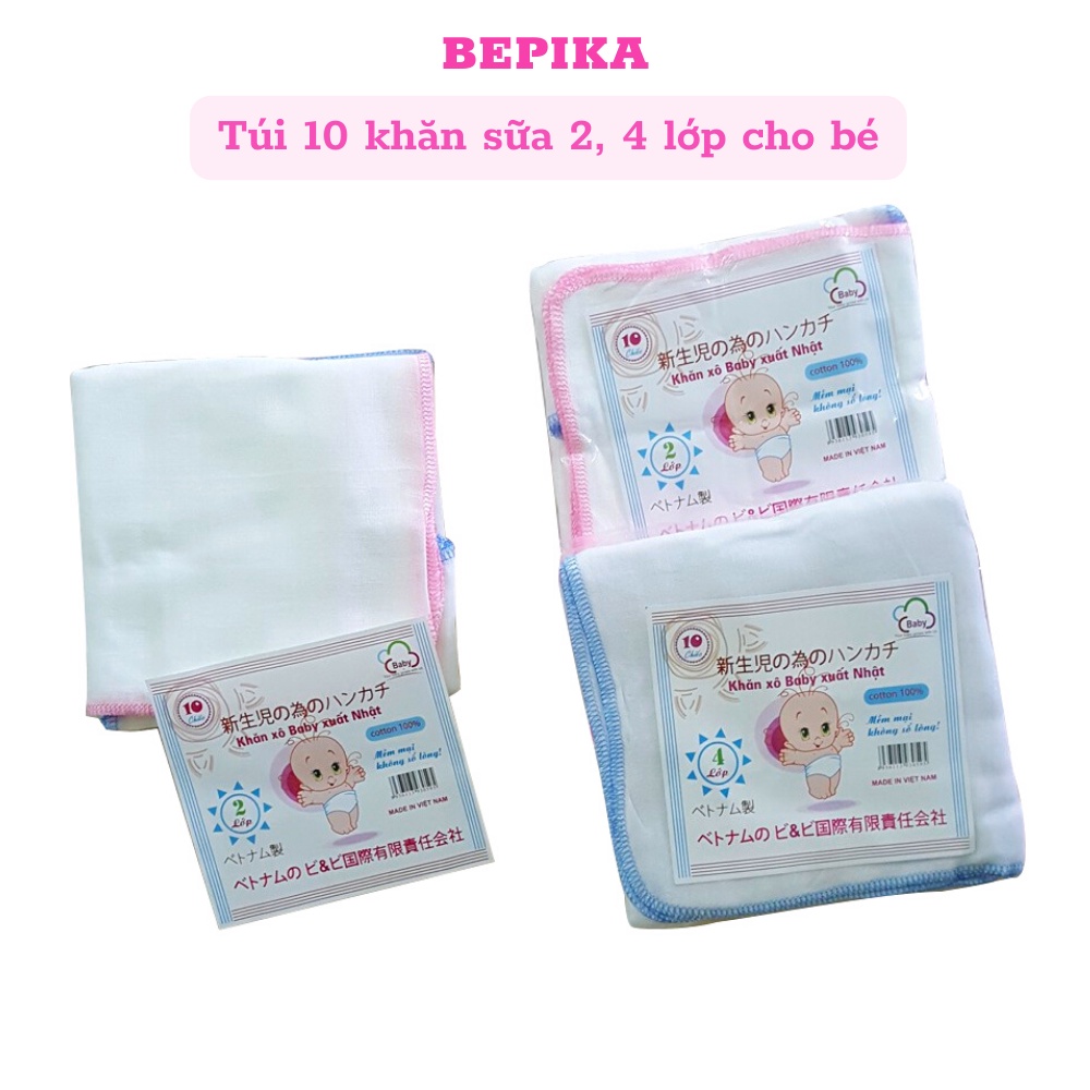 Túi 10 khăn sữa xô xuất Nhật loại 2, 4 lớp mềm mại cho bé sơ sinh
