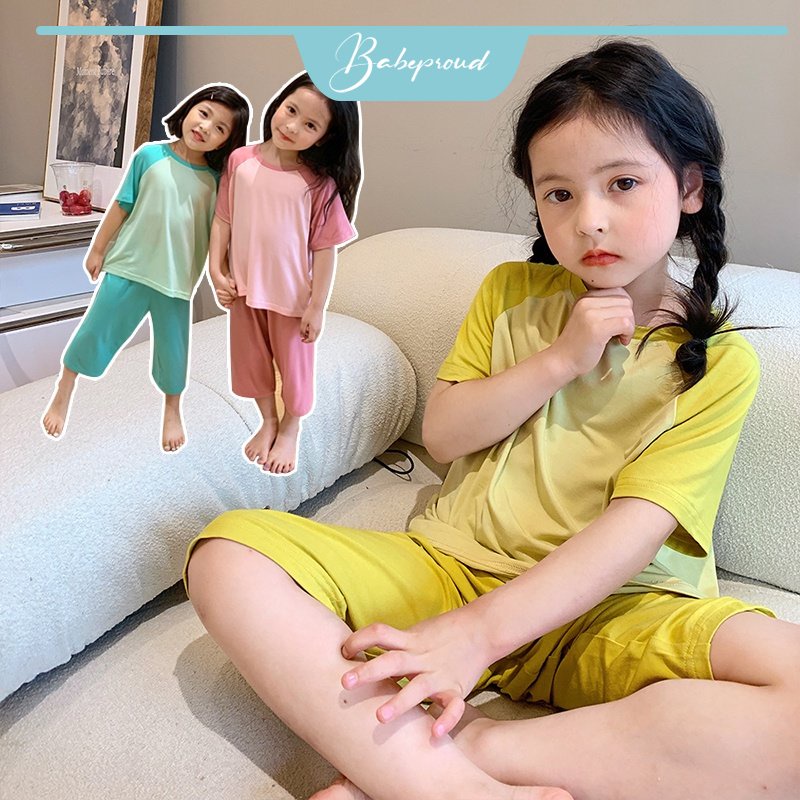 Set đồ ngủ BABEPROUD gồm áo thun + quần ngắn phối màu thoải mái cho bé 2-8 tuổi