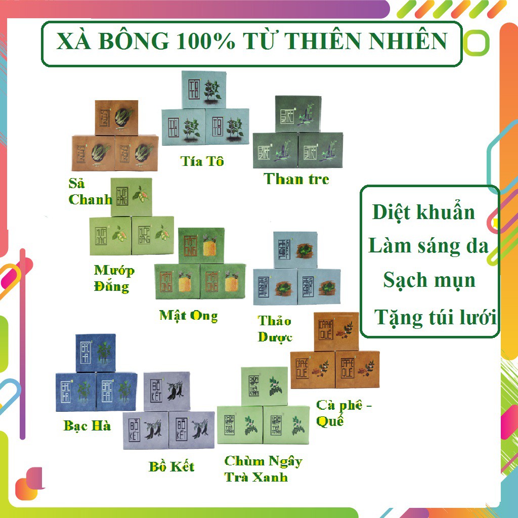 Xà Bông Sinh Dược 10 mùi hương từ thiên nhiên chứa nghệ mật ong sả chanh tía tô mướp đắng làm sạch, sáng da và dưỡng ẩm