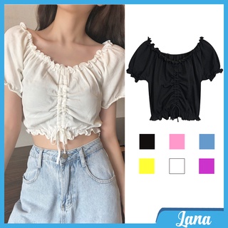 Áo croptop rút dây kiểu hở vai Hàn Quốc, Áo trễ vai len tăm dáng croptop rúm ngực Ulzzang C75 - Lana