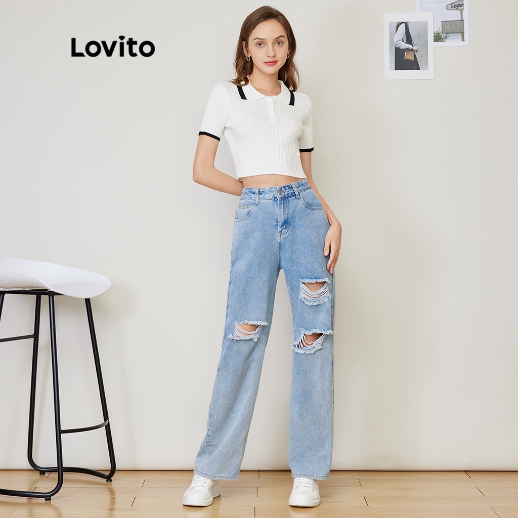 Đan hàng đầu Lovito Cổ áo nút chặn màu trơn Bình thường L27AD008 (Trắng)