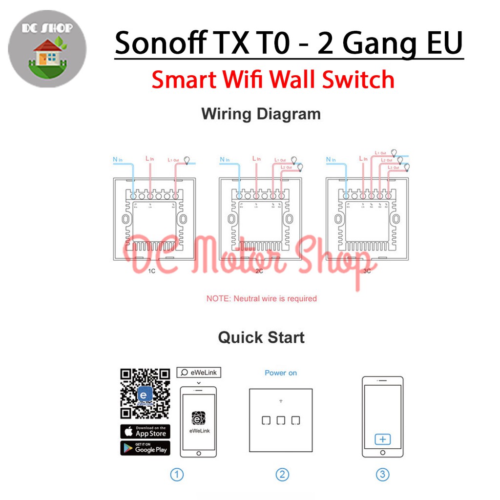 Công Tắc Cảm Ứng Thông Minh Sonoff Touch Tx T2 Eu-2gang Rf 433mhz T2eu2c App Ewelink