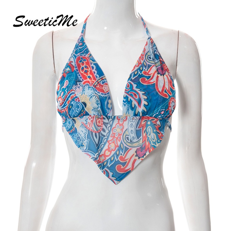 Áo Croptop Sát Nách Cột Dây Hở Lưng In Họa Tiết Thời Trang Quyến Rũ Cho Nữ Sweeticme 2022