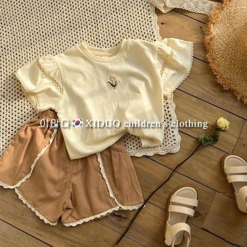 Set Đồ Mùa Hè 5 Món Gồm Áo Tay Cộc Và Quần Ngắn Thêu Họa Tiết Phong Cách Hàn Quốc Hợp Thời Trang Cho Bé Gái
