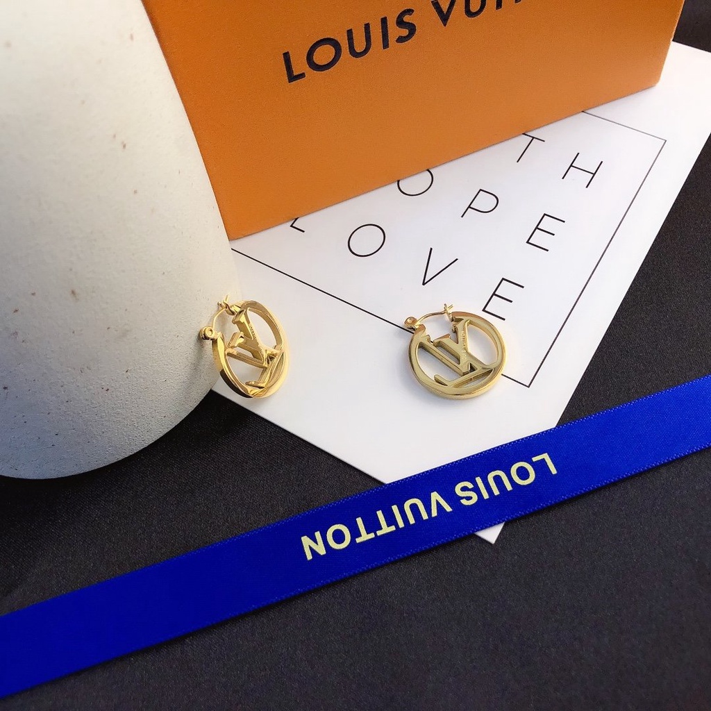 LOUIS VUITTON Khuyên Tai Tròn Bằng Thép Titan In Logo LV Thời Trang