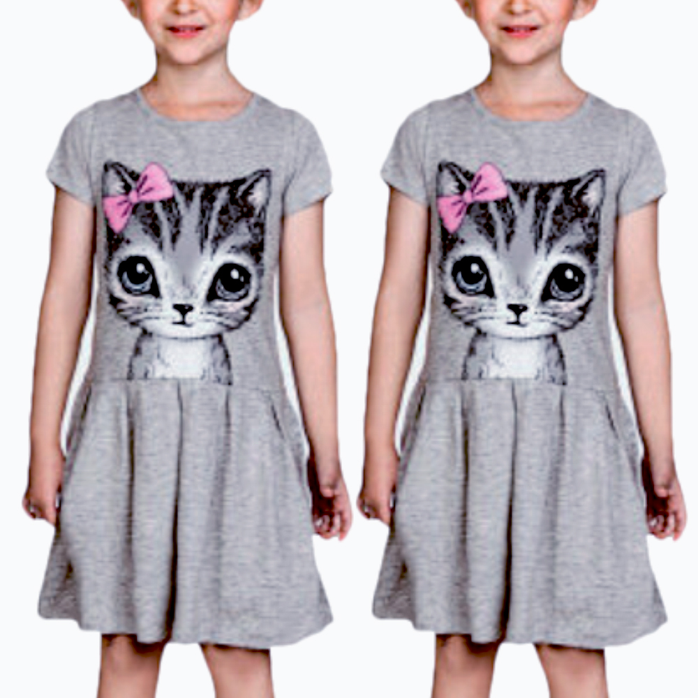 Hàng Có Sẵn Đầm Công Chúa Tay Ngắn In Hình Mèo Hoạt Hình Mùa Hè Cho Bé Gái