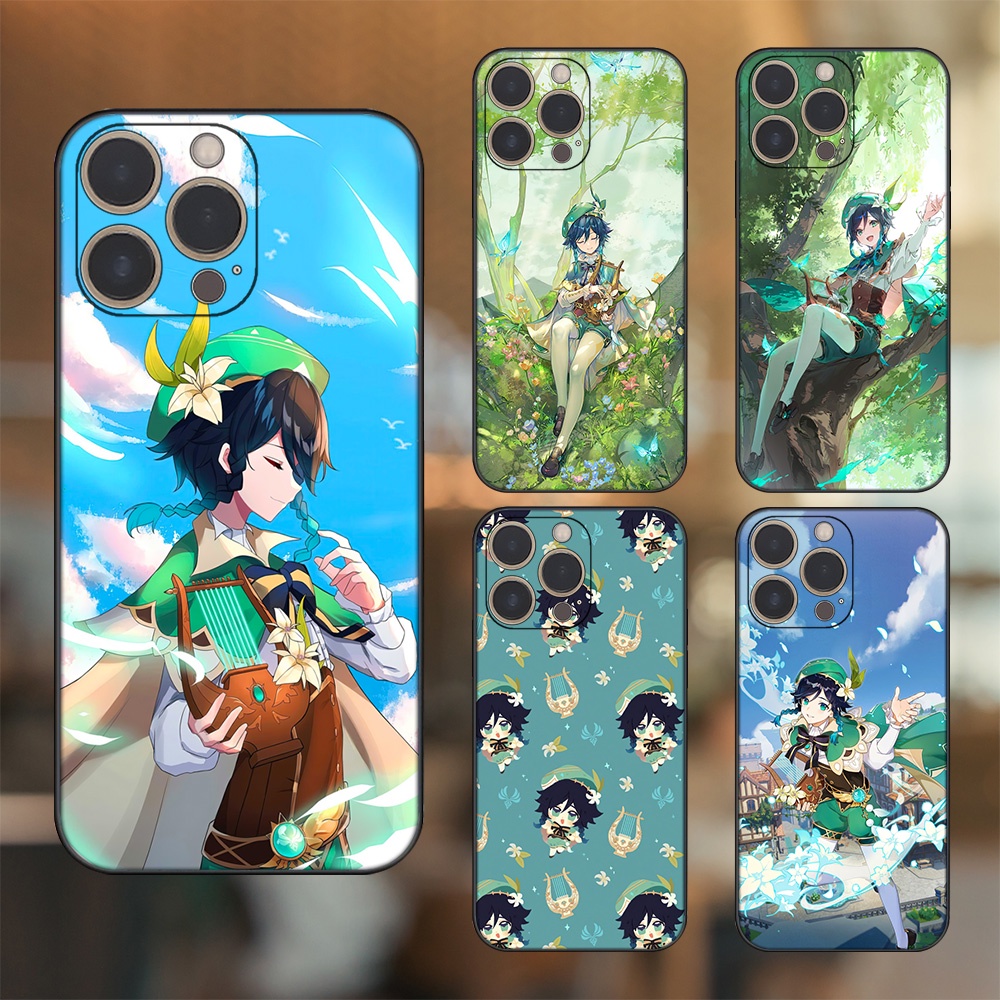 Ốp lưng iPhone 13 Pro dẻo đen cạnh vuông in hình Venti Genshin Impact