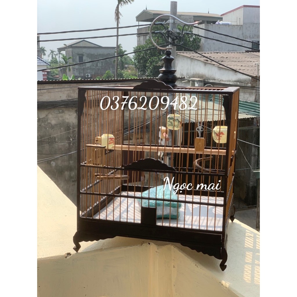Khung Lồng Chim Chào Mào Gỗ Mun Đuôi Công Chân Quỳ Lá Đề Vân Đẹp Đủ Phụ Kiện Tự Ráp Chắc Chắn