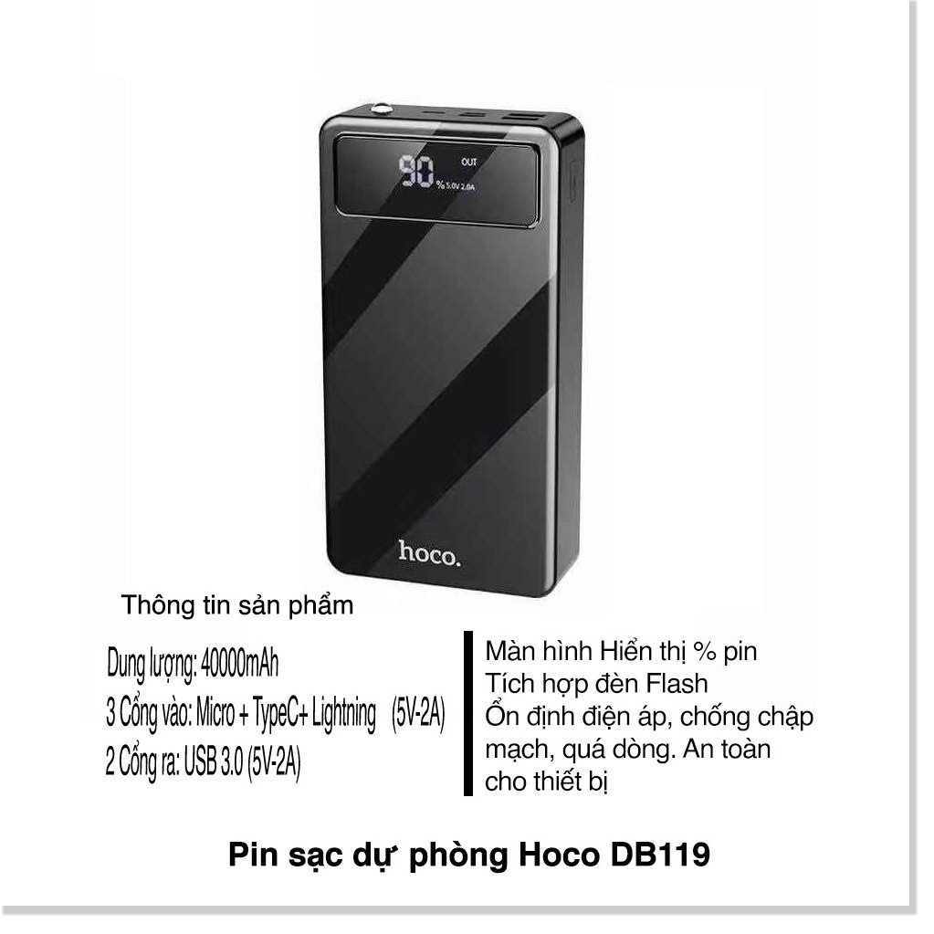 Pin sạc dự phòng Hoco DB119 dung lượng khủng 40000mAh sạc nhanh 2 cổng USB 5V/2A Max tích hợp đèn pin, màn hình LCD  - S