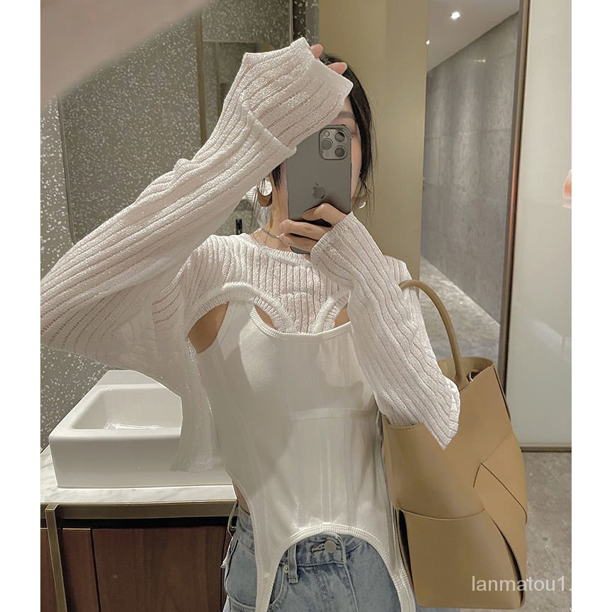 Irregular Long Sleeve Sun Protective Blouse Women2021Summer New Design Sense Minority All-Match round Neck Thin Air Conditioning Shirt【15Shipped Within Days】