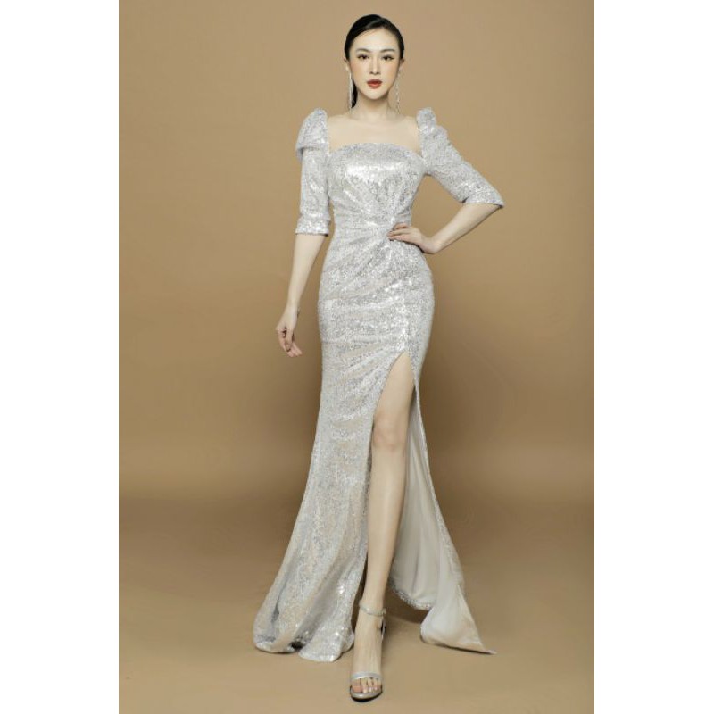 Đầm dạ hội kim sa tay lỡ cao cấp  tặng hoa taie