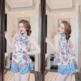 Đồ bộ mặc nhà quần đùi + áo cổ yếm lụa latin in 3d ngân boutique đồ ngủ pijama