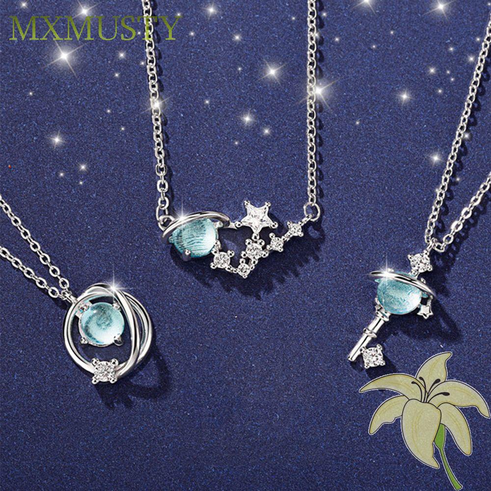 Dây chuyền phối mặt đá Sapphire xanh hình chìa khóa tinh tế thời trang cho nữ