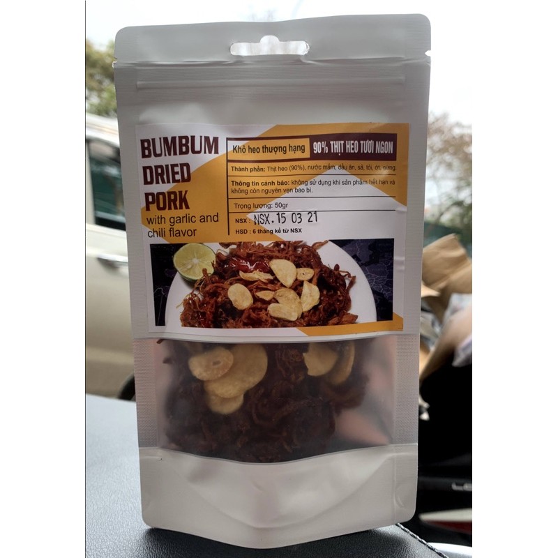 Khô heo cháy tỏi 50g - BumBum - Sạch, ngon, đảm bảo vệ sinh.