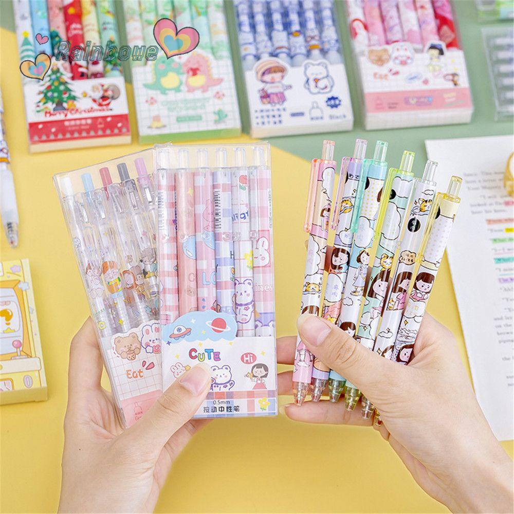 Set 6 Bút Gel Màu Đen Cầu Vồng Dễ Thương Mau Khô Dành Cho Học Sinh
