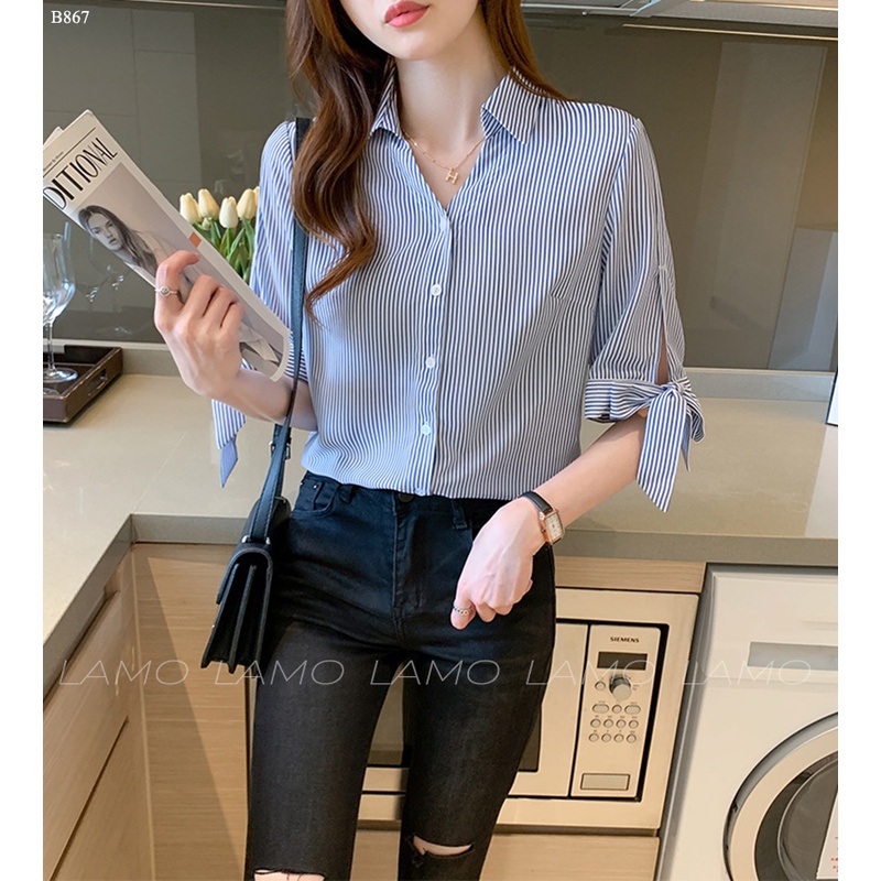 Áo nữ công sở sọc phối tay cột nơ LAMO- B867 | BigBuy360 - bigbuy360.vn