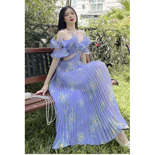 Đầm  váy maxi ASHYLEY thiết kế (HÀNG SẴN) trễ vai dập ly hoạ tiết cut eo tôn dáng Aimee closet