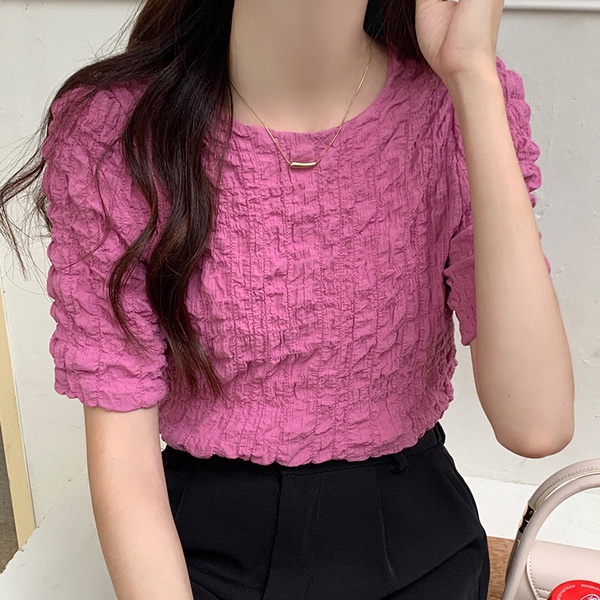 SUXI Áo Kiểu Tay Ngắn Phồng Cổ Tròn Màu Sắc Đơn Giản Thời Trang Mùa Hè Phong Cách Hàn Quốc Cho Nữ