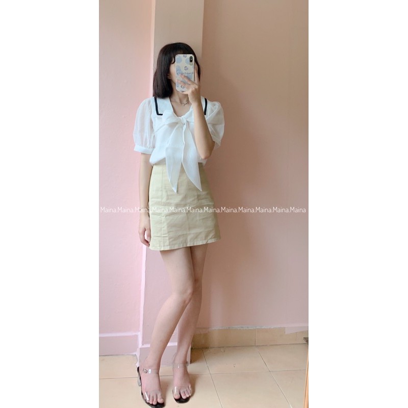 Set Áo sơ mi voan thắt nơ viền cổ cộc tay và chân váy kaki có tách lẻ( ảnh thật/sẵn)