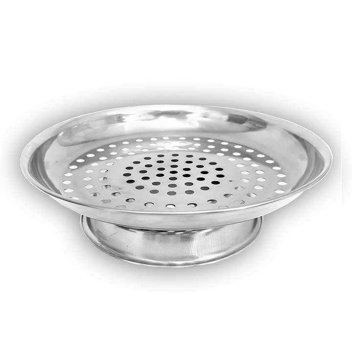 Đĩa hấp chân trụ inox size 24cm dùng để chưng, cách thủy, hấp các món ăn như hấp bánh,.......