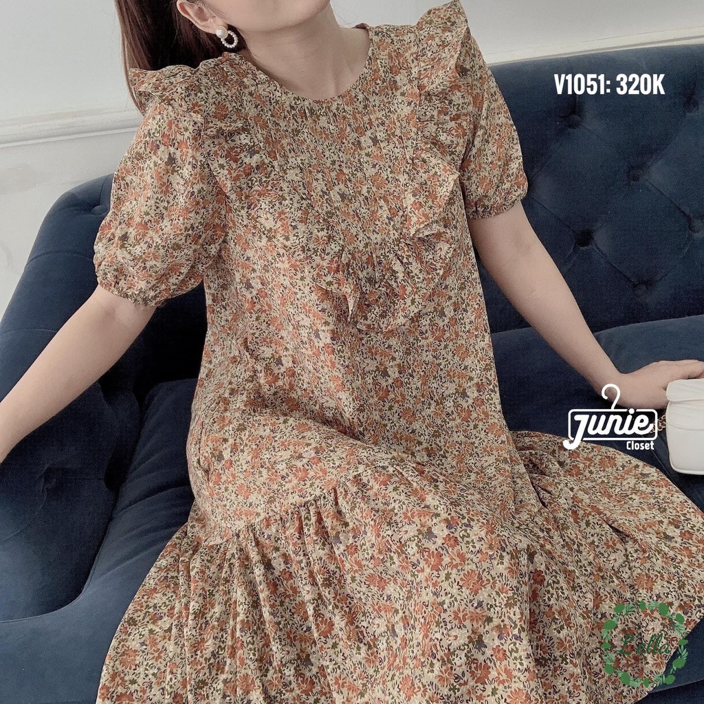 Váy Bầu Công Sở Đầm Bầu Dáng Suông Hoa Nhí Màu Be Vàng Chất Mát freesize từ 45-75kg