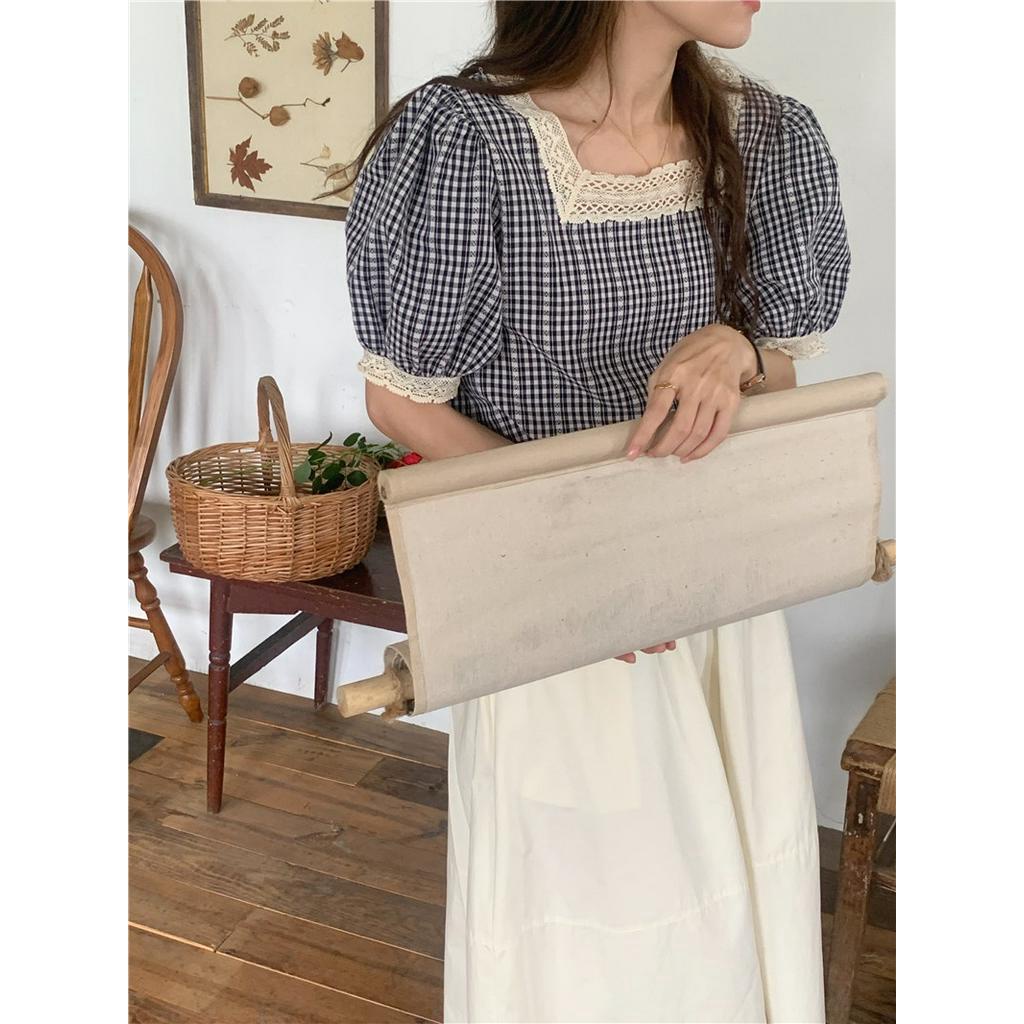 Áo Sơ Mi Nữ Tay Ngắn Kẻ Sọc Caro Phối Ren 54808