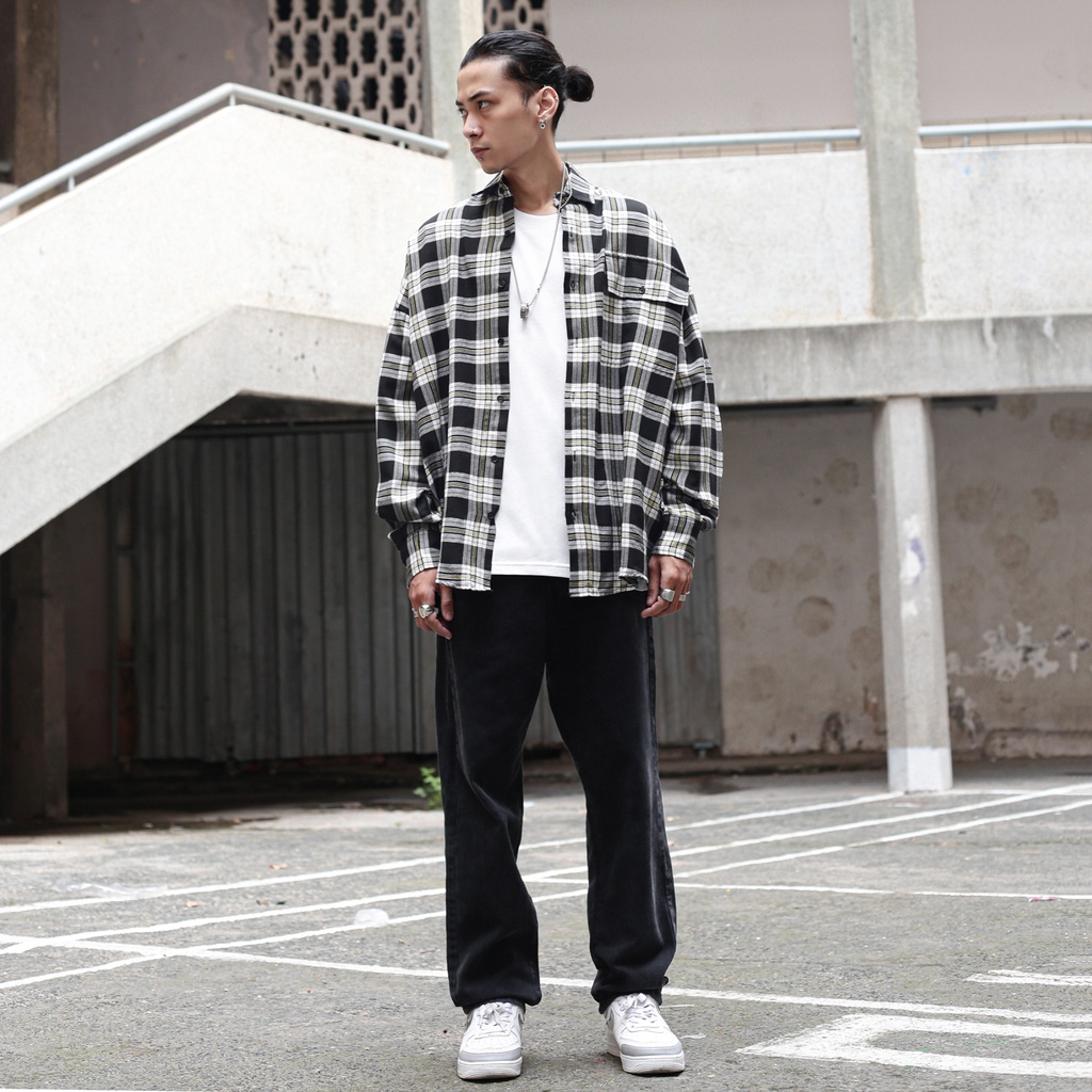 Áo Sơ Mi Flannel Màu Trắng Sọc Vàng Đen Form Rộng Thoải Mái Chất Liệu Cotton Thoáng Mát