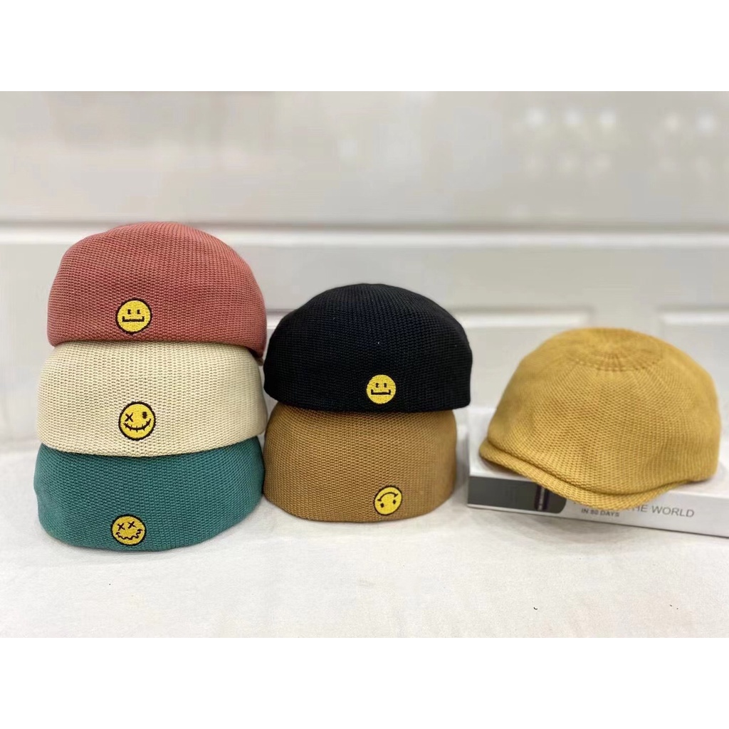 Mũ nồi thoáng khí thêu hình mặt cười thời trang Hàn Quốc cho nữ