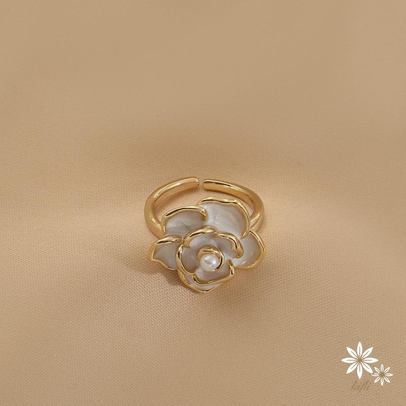 【kifli】Nhẫn hợp kim hình hoa trà đính ngọc trai giả xinh xắn đáng yêu