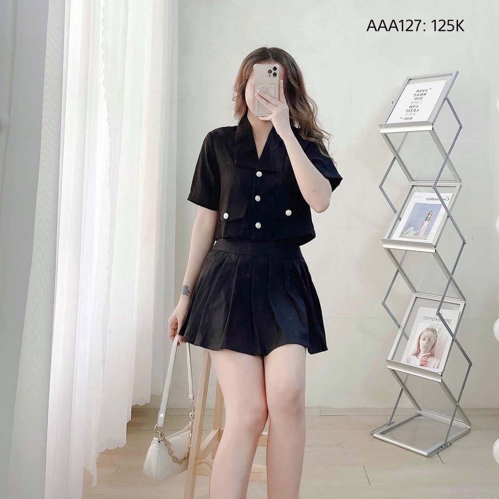 Áo croptop kiểu cổ vest áo croptop nữ tay ngắn vải bố 2 túi giả 3 nút CHIBEST AAA127