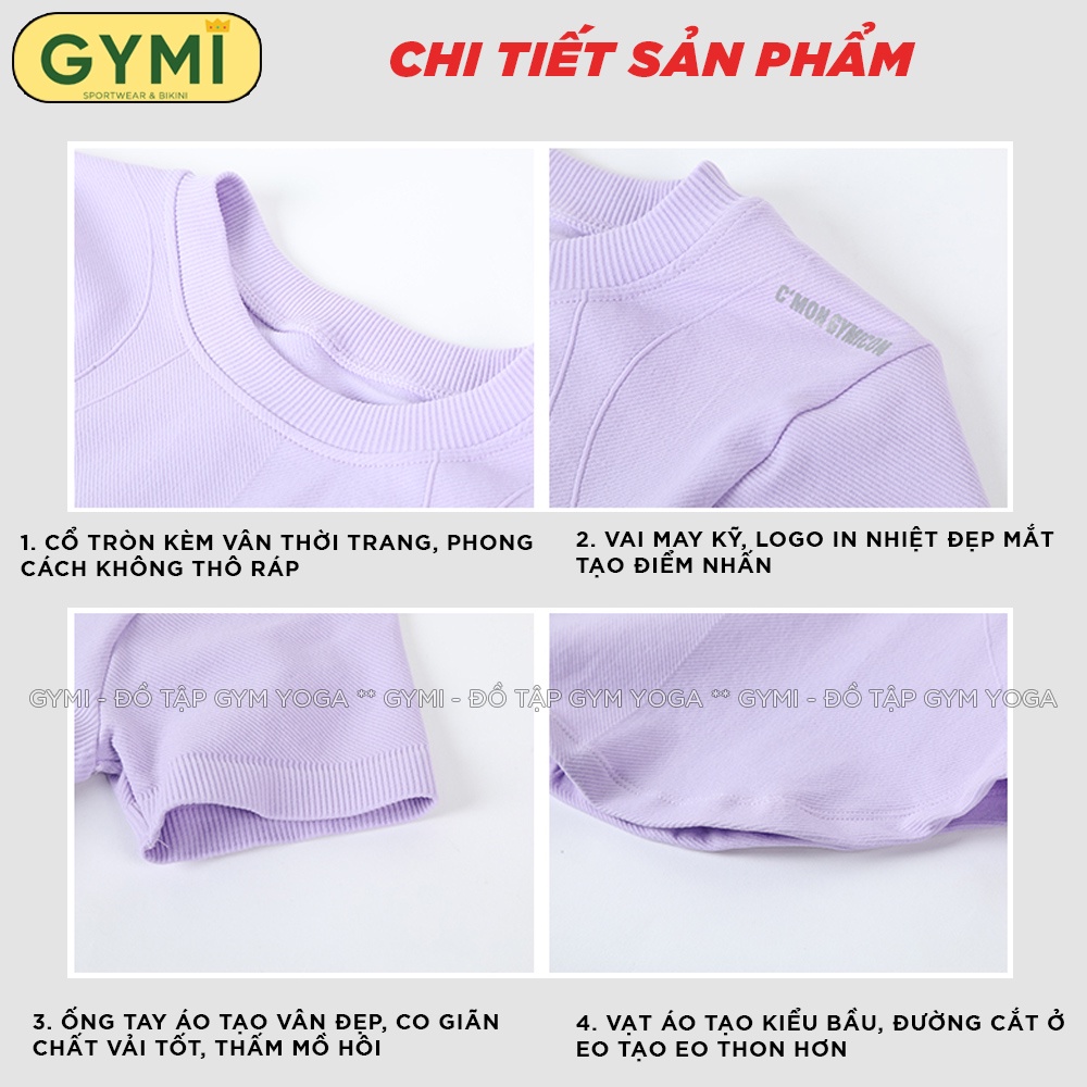Áo tập gym yoga nữ GYMI AC25 dáng ngắn cộc tay vạt bầu chất thun gân co giãn tốt ôm body