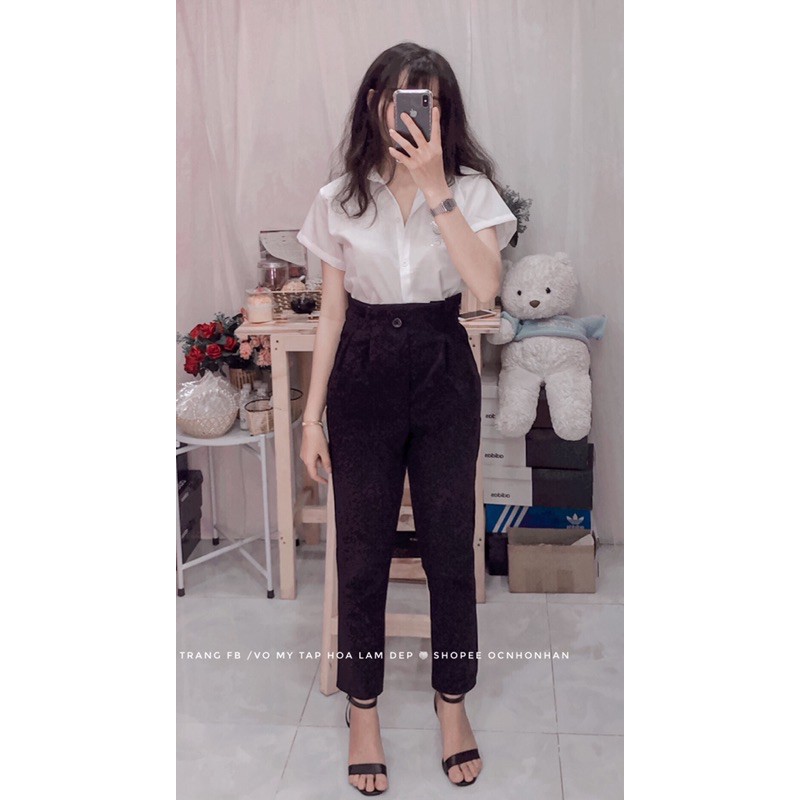 set quần baggy lưng cao áo sơmi ong vàng