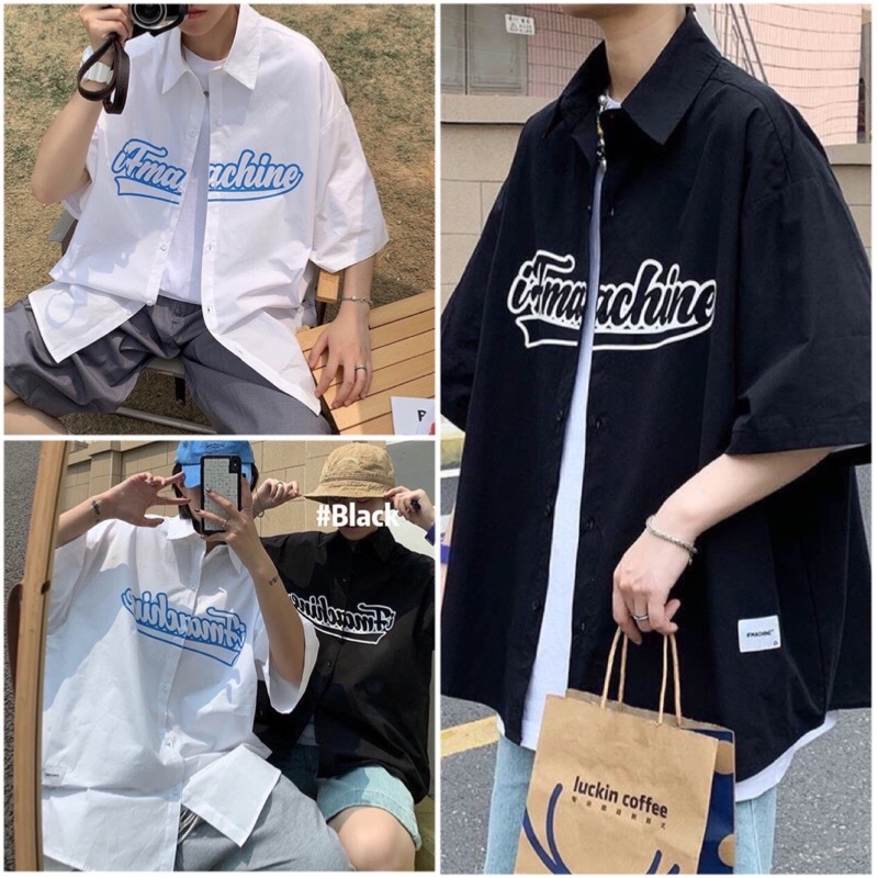Áo Sơ Mi Tay Lỡ Unisex Form Rộng Nam Nữ Ulzzang In Chữ Chine Chất Thô Lụa Mát