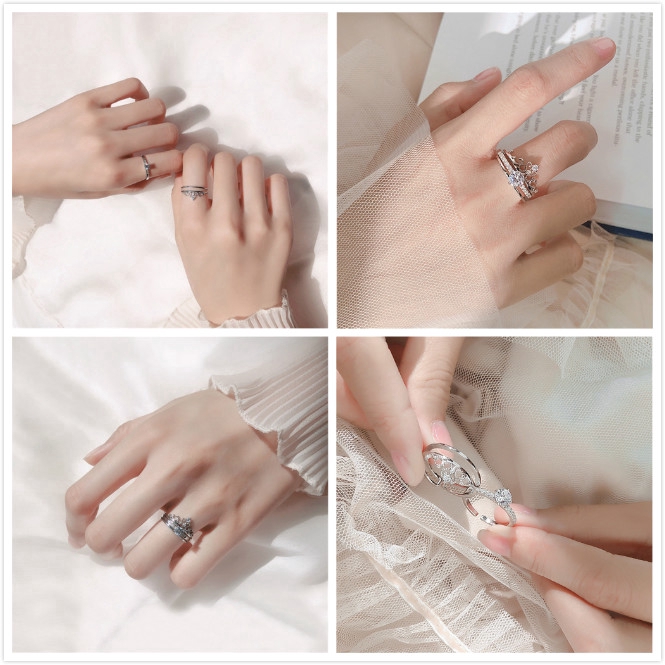 Set 2 Nhẫn Đính Đá Zircon Có Thể Điều Chỉnh Kích Cỡ Thời Trang