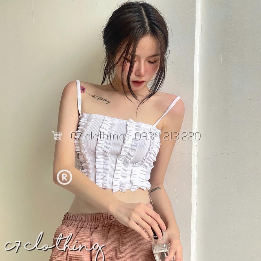 (freeship-ảnh thật) Áo kiểu 2 dây croptop viền bèo đứng cực xinh , chất thun gân mềm mịn