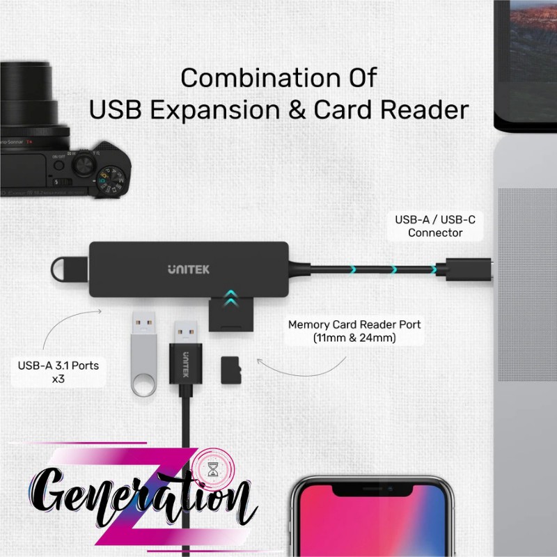 Cáp chuyển USB Type-C ra 3 cổng USB 3.0 + Card Reader (SD / Micro SD) Unitek H1108B