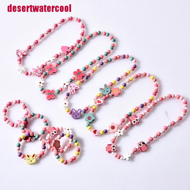 [Destwatercool] 1 Bộ Vòng cổ Chuỗi Hạt Gỗ Hình Động Vật Hoạt Hình Cho Bé Gái