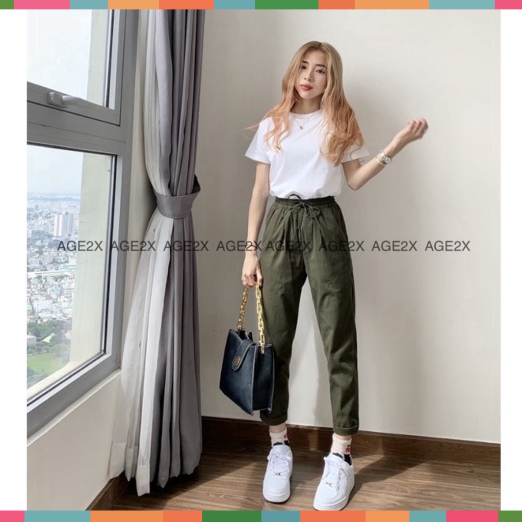Quần Baggy kaki nữ AGE2X, phong cách công sở kết hợp dạo phố, chất kaki cotton wash mềm, phối sọc bo gân co giãn tốt