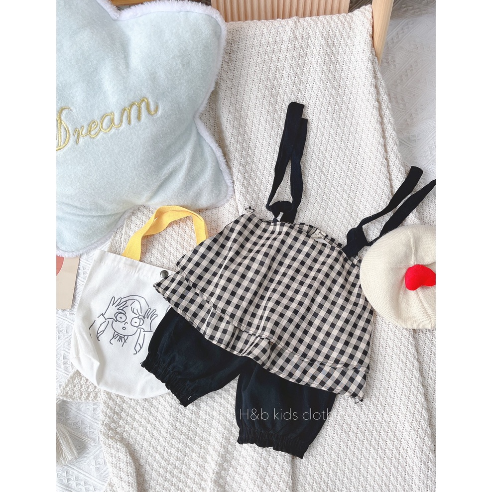 Bộ bé gái 2 dây caro  bánh bèo mùa hè cho bé từ 0-6 tuổi