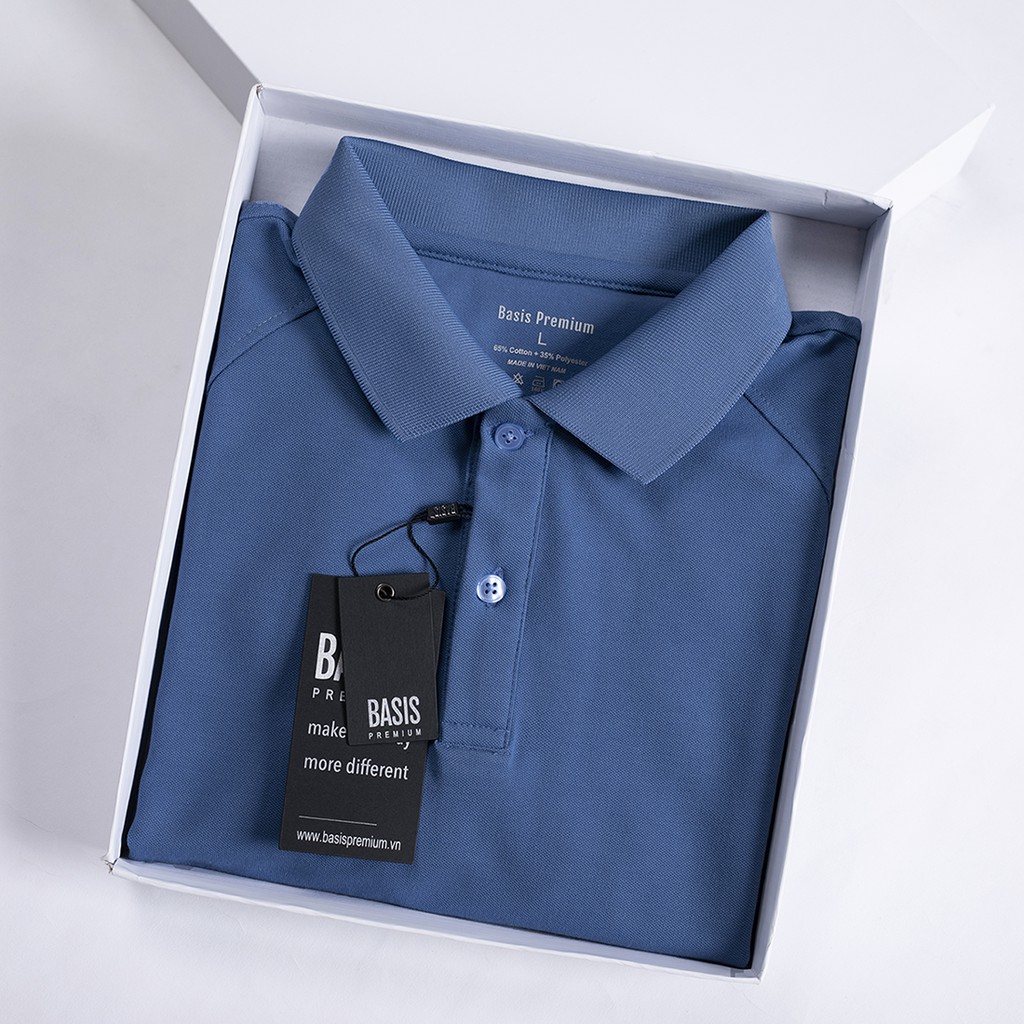 Áo polo nam màu xanh coban trơn phối gân dọc đơn giản, tinh xảo Basis APL37-XANHCOBAN