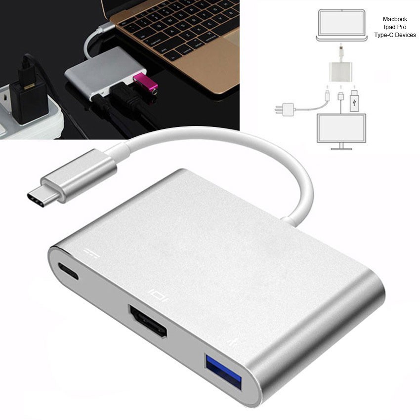 Cáp chuyển cổng 3 trong 1 Type C Usb 3.1 sang Usb-C 4k Hdmi Usb 3.0 thích hợp cho Iphone 8 7 7 Plus 6s Macbook Pro