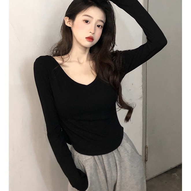WANG JIAO ZHAN Áo croptop Thun Tay Dài Cổ Chữ V Dáng Ôm Thời Trang